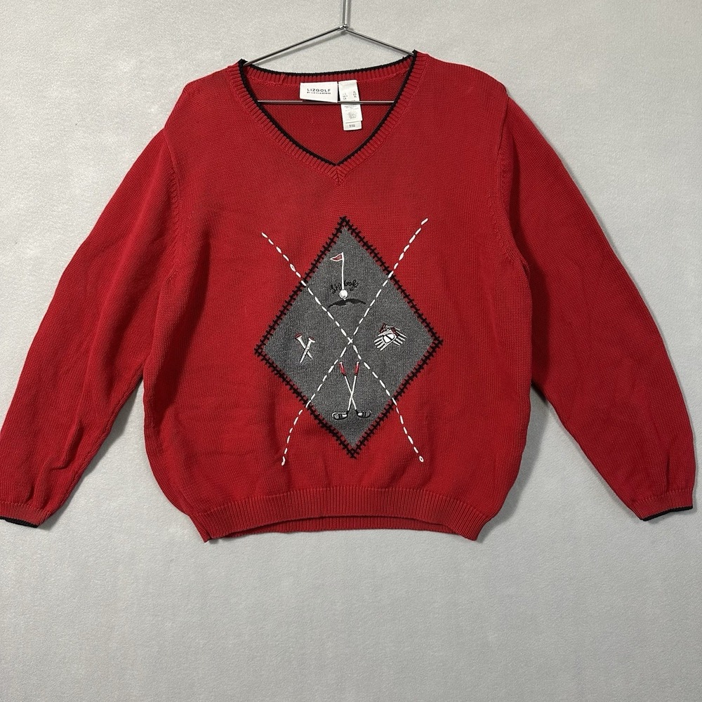 Vtg Liz Golf Red V-Neck Sweater Preppy Dark Academia Women's XL